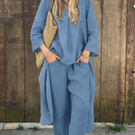 Linen Irregular Loose V-neck Top and High-Waisted Pocket Wide-leg Pants Set