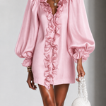 Ruffled Puff-Sleeve Loose Straight-Cut Mini Dress