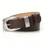Coffee Faux Leather Engraved Silver Buckle Western Style Belt