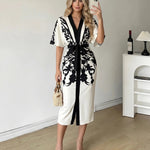 White Black Silhouette Floral Wrap Belted Midi Dress