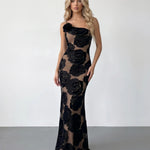 Black Floral Applique One Shoulder Mesh Mermaid Maxi Dress