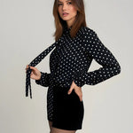 Black Polka Dot Tie Neck Blouse