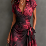 Red Black Abstract Print Wrap Mini Dress Collared V Neck Short Sleeve Tie Waist Ruffled High‑Low Hem Dress
