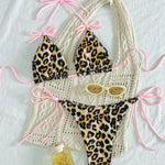Leopard Print Halter Pink Tie-Accent Bikini Set