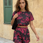 Blue Short Sleeve Crop Top And High Waist Shorts Two Piece Set