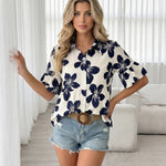 White Navy Hibiscus Floral Ruffle Short Sleeve Peplum Shirt