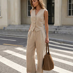 Beige Linen Blend Waistcoat Wide Leg Pants Set
