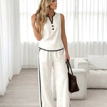 White Black Sleeveless Wide Leg Pants Two Piece Set