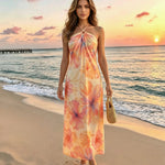 Orange Pastel Floral Print Halter Maxi Dress