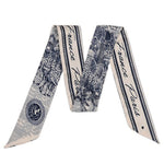Navy Blue Toile De Jouy Paris France Print Skinny Vintage Scarf