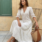 White Eyelet Embroidery V-Neck Tiered Midi Dress