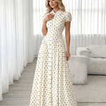White Polka Dot Puff Short Sleeve Shirt Maxi Dress