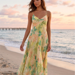 Green Tropical Floral Ruched V Neck Pleated Midi Dress