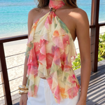 Yellow Pink Floral Print Metal Buckle Halter Ruffle Tank Top