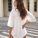 White Lace Splicing Tie V Neck Half Flare Sleeve Loose Blouse