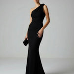 Black One-Shoulder Draped Slim-Fit Long Gown Maxi Dress