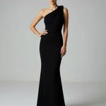 Black One-Shoulder Draped Slim-Fit Long Gown Maxi Dress