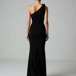 Black One-Shoulder Draped Slim-Fit Long Gown Maxi Dress
