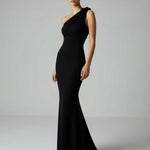 Black One-Shoulder Draped Slim-Fit Long Gown Maxi Dress