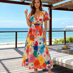 Multicolor Floral Print Deep V Neck Flutter Sleeve Midi Dress