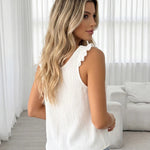 White Crinkle Ruffle Strap Scoop Neck Button Front Cami Top