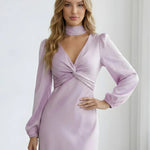 Lilac Satin Deep V-Neck Twist Midi Dress