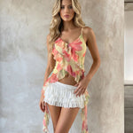 Pastel Floral Print Asymmetric Hem Ruffled Cami Top