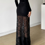 Black Lace High Waist Flared Mermaid Floor Length Maxi Skirt
