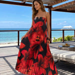 Black Red Floral Print Strapless Notched Tube Pleated Midi Dress