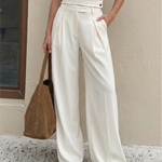 White High Waist Double Front Pleat Tailored Wide Leg Suit Pants