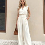 White Collared Sleeveless Ruched Waist Cropped Blouse