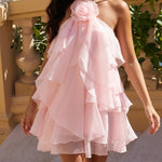 Baby Pink Rose Ruffled Chiffon Loose Mini Dress