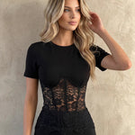 Black Mixed Fabric Lace Corset Short Sleeve Top