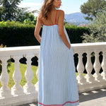 Blue White Stripe Red Trim Spaghetti Strap Maxi Dress