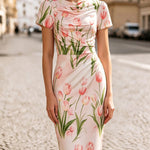 Ava Brown | Floral Cowl Neck Bodycon Midi Dress For Women