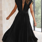Elegant Satin Pleated V-neck Flowing Midi Dress