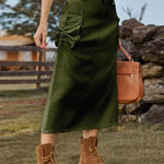 Zeagoo Women's Casual High Waist Denim Midi Skirt Drawstring Adjustable Long Jeans Skirt with Pockets