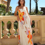 Off White Floral Print Pleated Loose Fit Maxi Dress