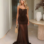 Brown Spaghetti Strap Cowl Ruched Sheer Mesh Maxi Dress