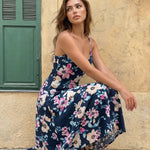 Dark Floral Print V-Neck Spaghetti Strap Maxi Dress