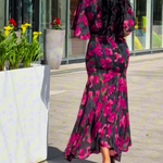 Retro V-neck trumpet sleeve printed dress