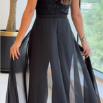 Crew-neck textured-panel tulle jumpsuit