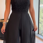 Crew-neck textured-panel tulle jumpsuit