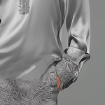 Elegant Silver Satin Lace Trim Two-Piece Set – Sophisticated Long Sleeve Top & Wide Leg Pants