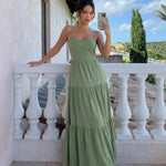 Sage Green Flowy Linen Blend Relaxed Fit Maxi Dress
