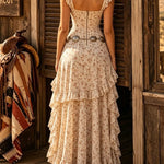 Bohemian floral ruffled tiered high-slit maxi dress(Belt not included)