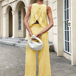French Style Plaid Ruffled Hem Top and Pants Set