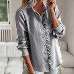 Zeagoo Ruffle Trim Button Front Shirt Regular Fit Long Sleeve Work Blouse