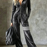 Velvet Hooded Zipper Wide Leg Jumpsuit