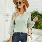 Zeagoo V Neck Tops Solid Color Blouse Long Sleeve Pullover Lace Patchwork Shirt